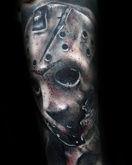 Remarkable Jason Mask Tattoos For Males On Forearm