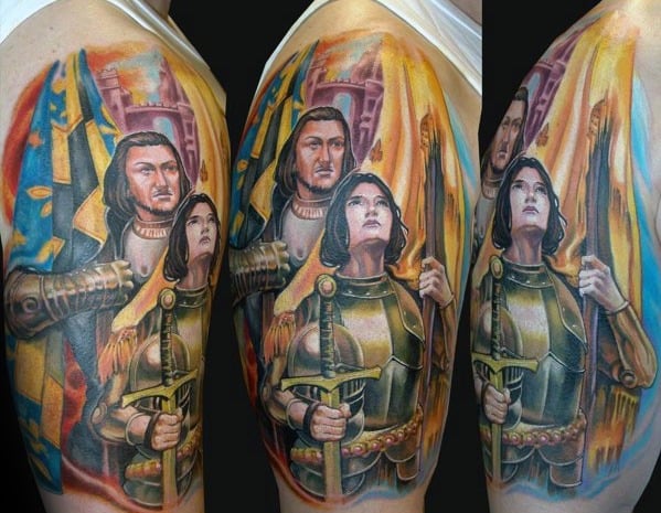 Realistic full-color Joan of Arc tattoo sleeve with medieval figures, golden armor, banners, and an upward gaze symbolizing faith and courage.
