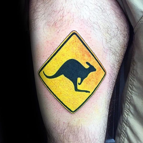 Remarkable Kangaroo Warning Sign Thigh Tattoos For Males