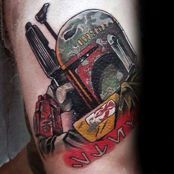Bold Boba Fett tattoo with comic-style shading, showcasing his blaster, red gauntlet, and yellow shoulder armor on the upper arm.