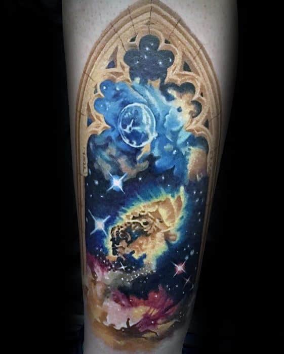 Intricate nebula tattoo design framed by a gothic arch, featuring celestial and cosmic details