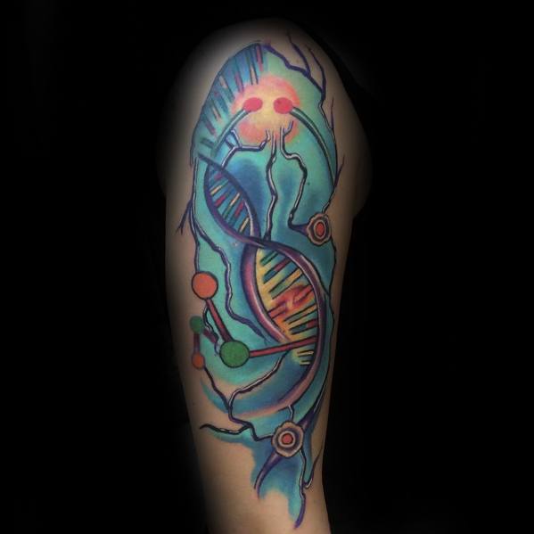 Colorful upper arm tattoo featuring a stylized DNA strand intertwined with neurons, glowing synapses, and abstract molecular designs.