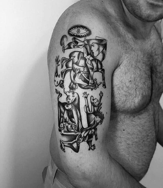 Upper arm tattoo of Picasso’s *Guernica*, arranged vertically with detailed figures, the crying woman, and the symbolic eye at the top.