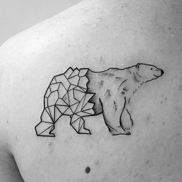 Polar bear tattoo on the upper back with a split design, combining realistic shading in the front with geometric crystal-like shapes in the back.