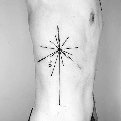 Minimalist pulsar map tattoo on a person's ribcage with two small circles connected by a line