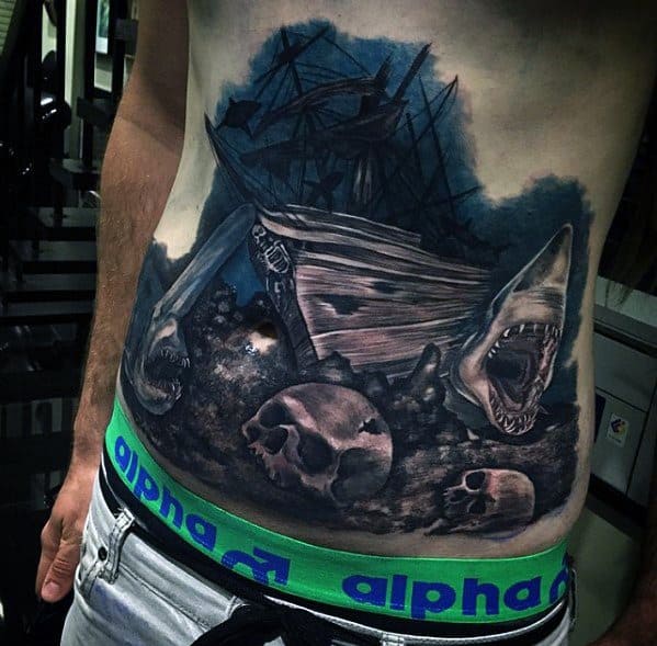 Remarkable Sinking Ship Underwater Chest Tattoos For Males