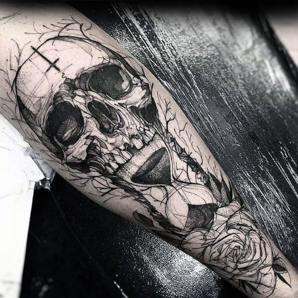 Remarkable Sketched Hourglass Badass Skull Tattoos For Males