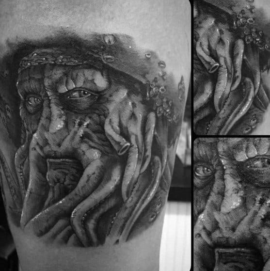 Detailed Davy Jones tattoo featuring his tentacled face, expressive eyes, and lifelike textures