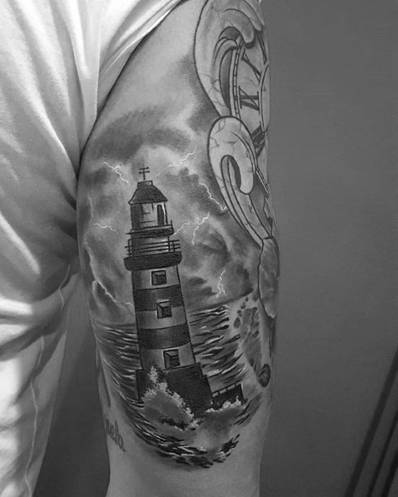 Remarkable Thunderstorm Lighthouse Back Of Arm Tattoos For Males