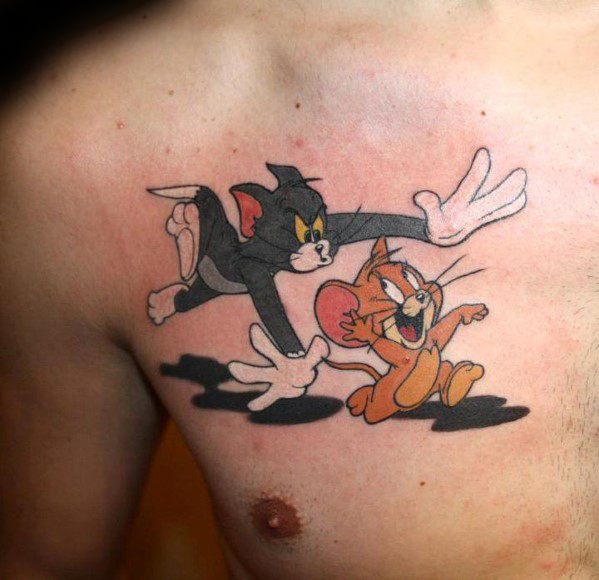 Colorful chest tattoo of Tom chasing a laughing Jerry, capturing their playful rivalry in dynamic cartoon motion.