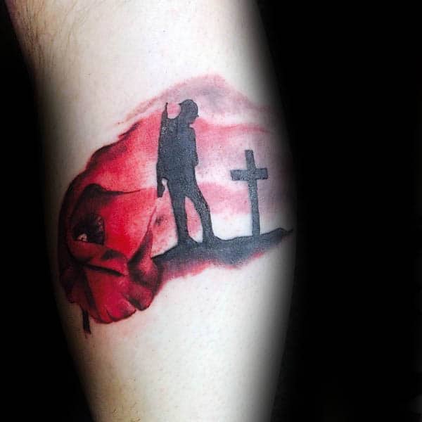 Rememberance Fallen Solider Silhouette Mens Cross Tattoo