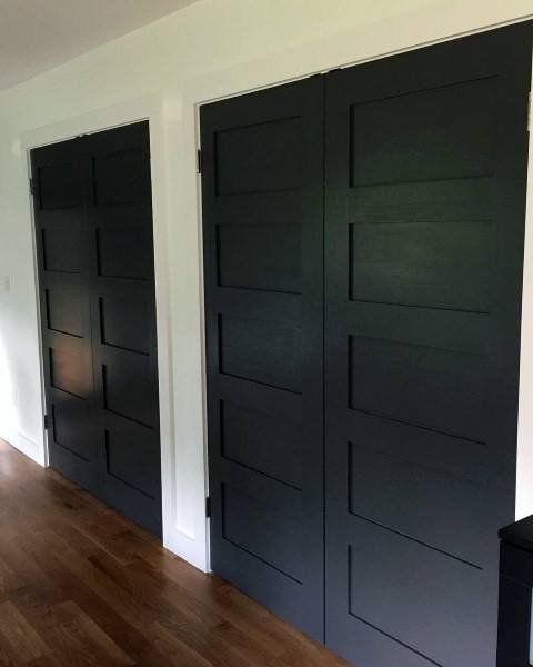 A sleek set of modern black closet doors with a paneled design, offering a bold and minimalist look for any room