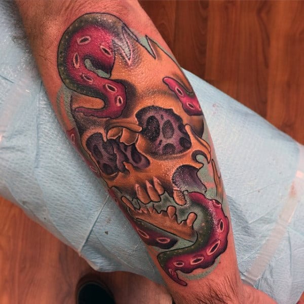 Reptile And Skull New School Tattoo Male Forearm
