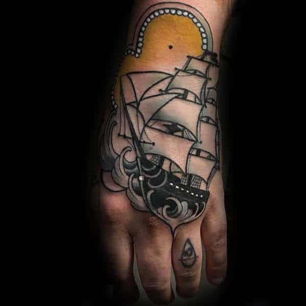 Retro 3d Ship Sailing On Ocean Water Mens Hand Tattoo