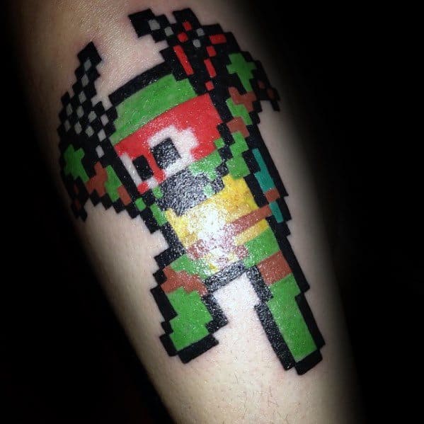 Retro 8 Bit Ninja Turtle Leg Tattoos For Men