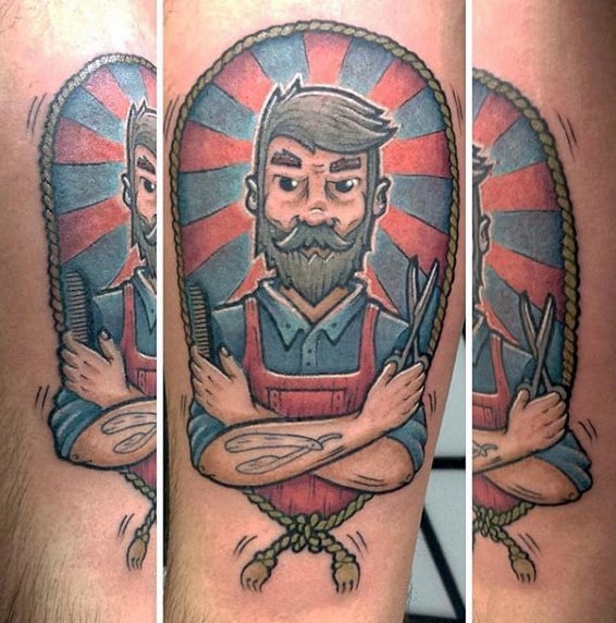 Retro Barber Holding Scissors Mens Arm Tattoos