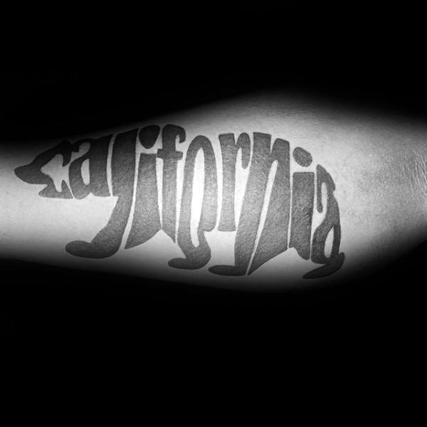 Retro California Bear Lettering Black Ink Tattoo On Gentlemans Arms