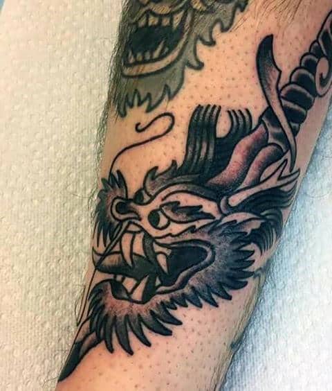 Retro Dragon Head Dagger Small Mens Tattoo Ideas On Forearm