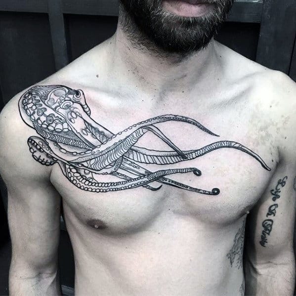 Retro Floating Octopus Male Upper Chest Tattoos