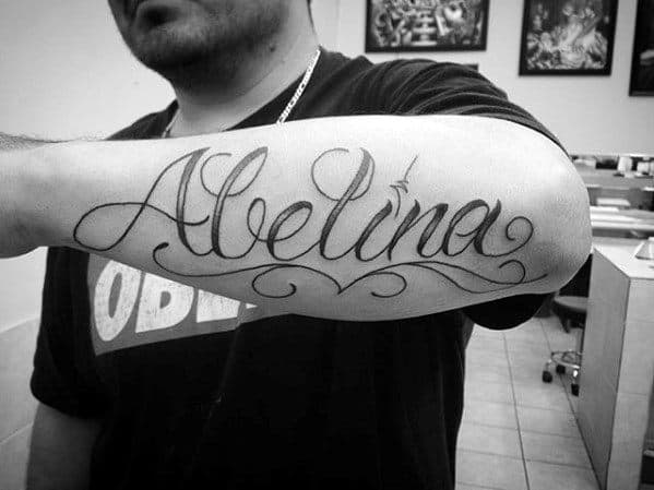 Retro Font Script Outer Forearm Name Tattoos For Males