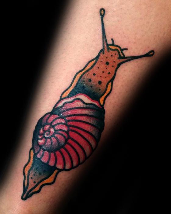 Retro Forearm Male Snail Tattoo Design Inspiration