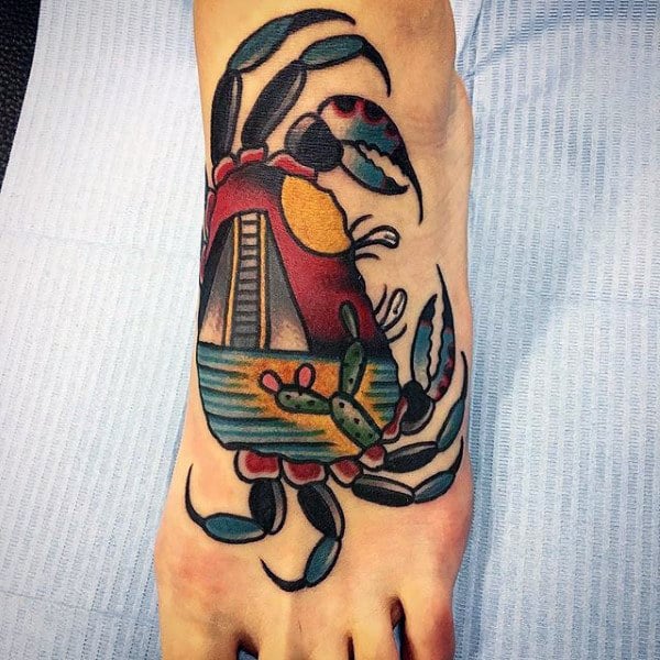 Retro Guys Crab Tattoo On Foot