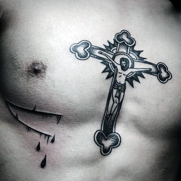 Retro Guys Jesus Spear And Cross Chest Tattoo