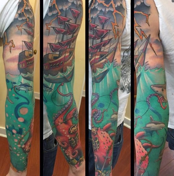 Retro Guys Ocean Sleeve Sailing Ship And Octopus Tattoo