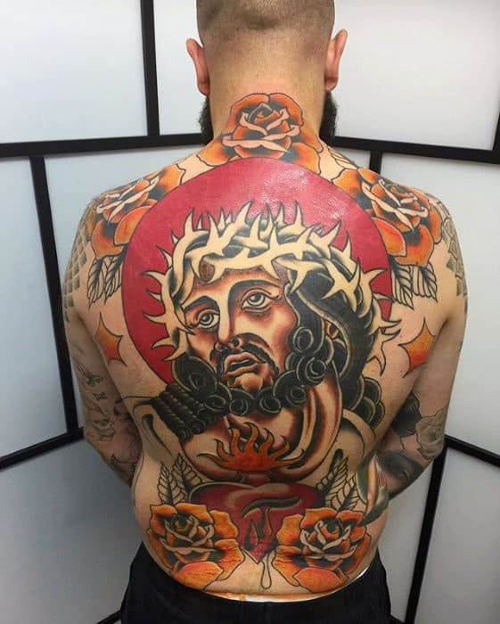 Retro Guys Old School Jesus Traditional Back Tattoo Designs