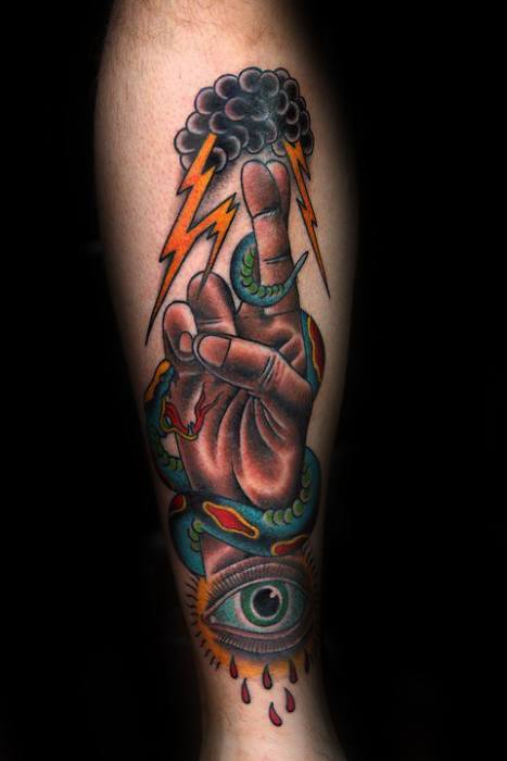 Retro Guys Tattoos With Fingers Crossed Design On Leg