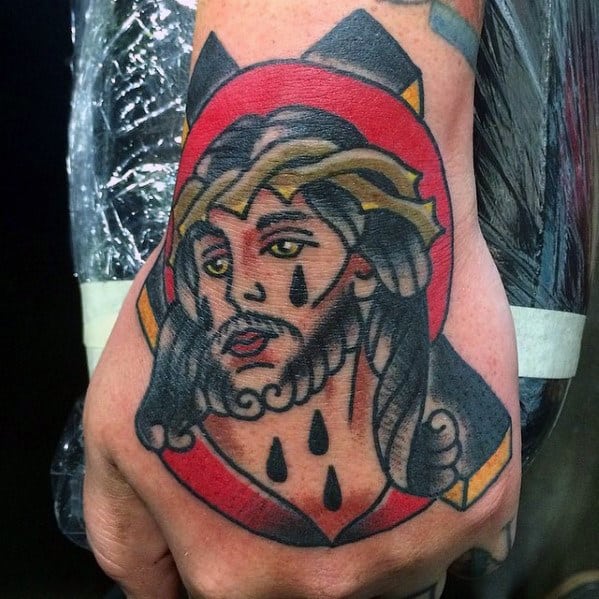 Retro Guys Traditional Jesus Tattoo On Hand