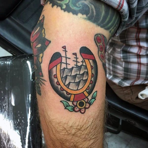 Retro Horseshoe With Ship Mens Arm Tattoos