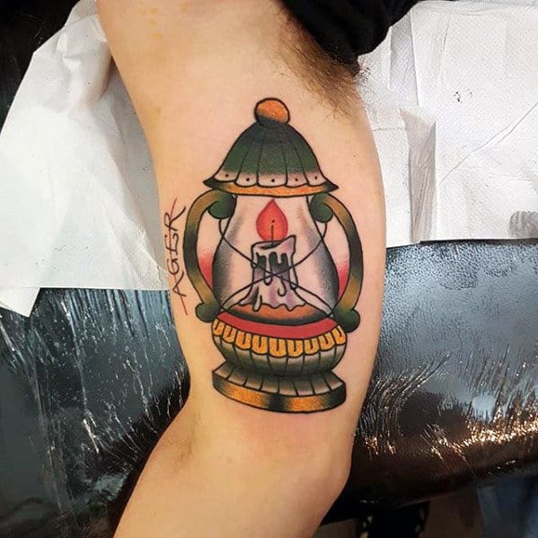 Retro Lantern With Flaming Candle Mens Traditional Inner Arm Bicep Tattoo