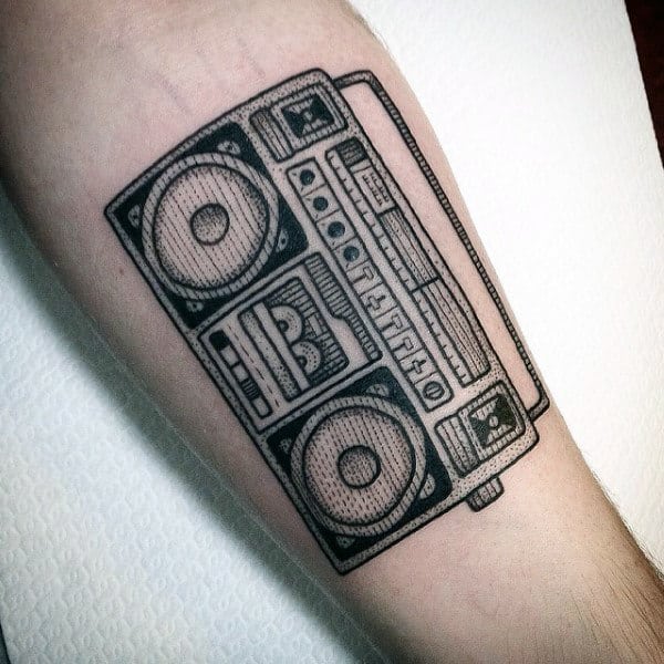 Retro Male Boombox Black Ink Inner Forearm Tattoo Inspiration