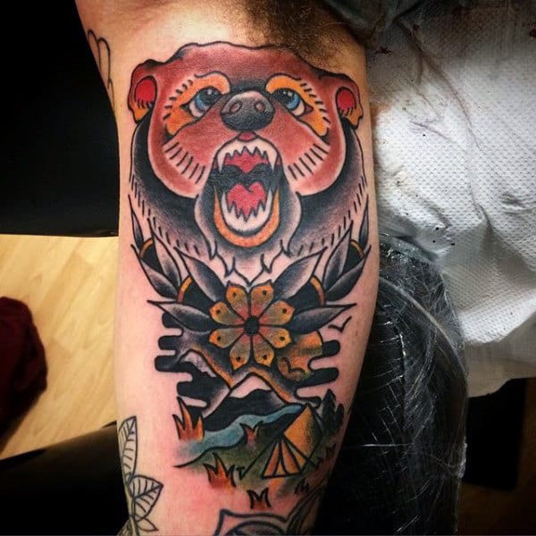 Retro Male Camping Themed Traditional Bear Inner Arm Bicep Tattoos
