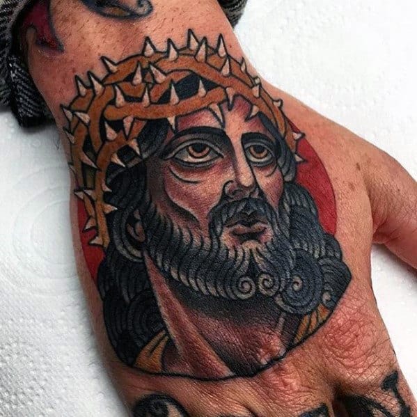 Retro Male Jesus Crown Of Thorns Tattoo On Hand