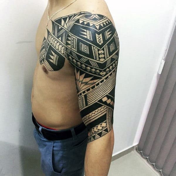 Retro Mens Black Ink Polynesian Half Sleeve Tribal Tattoo