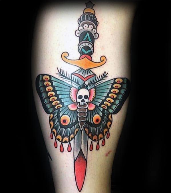 Retro Dagger With Moth Traditional Leg Tattoo
