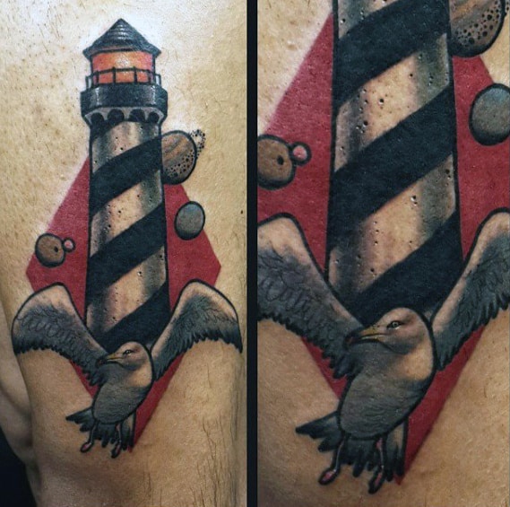Retro Mens Flying Seagull With Lighthouse And Planets Mens Arm Tattoo