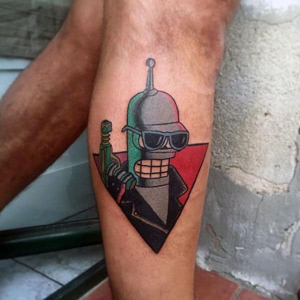 Retro Mens Futurama Bender Robot Tattoo On Leg