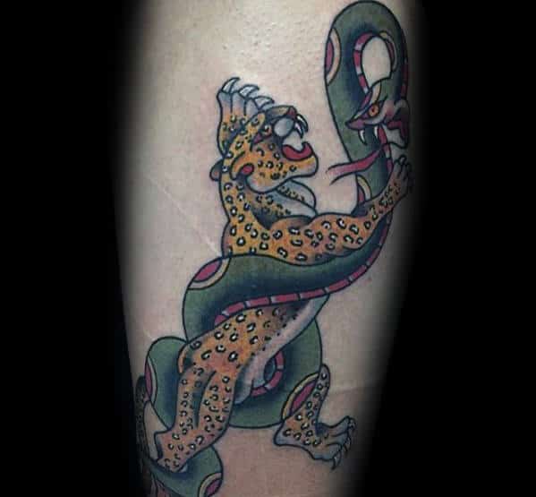 Retro Mens Old School Cheetah With Snake Leg Tattoo