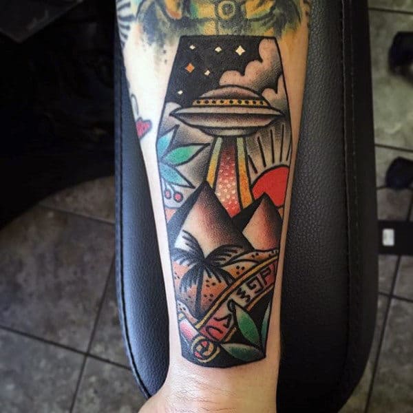 Retro Mens Pyramid With Alien Spaceship Mens Forearm Tattoo