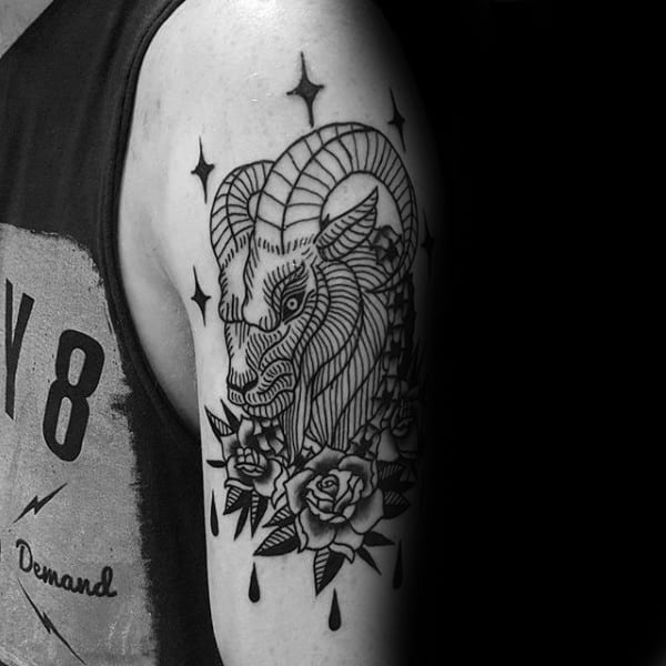 Retro Mens Rose Flower Stars Goat Arm Tattoos