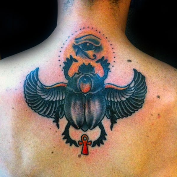 retro mens scarab upper back tattoo