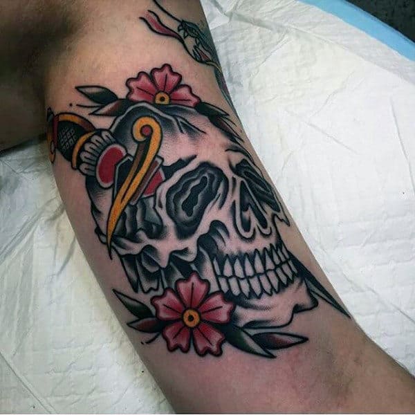 Retro Mens Traditional Skull Dagger Inner Arm Bicep Tattoos