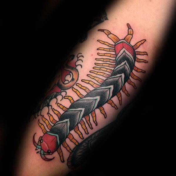 Retro Old School Arm Centipede Male Tattoo Designs