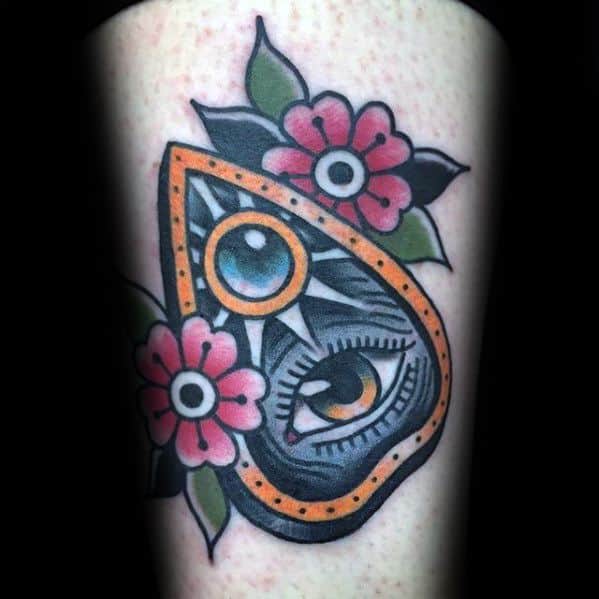 Retro Old School Flower Planchette Guys Thigh Tattoos