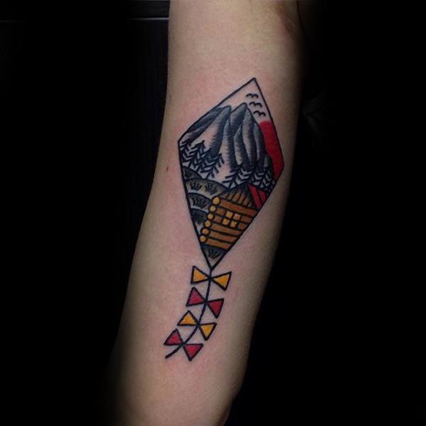 Retro Old School Guys Cabin In The Woods Kite Tattoo Deisgns On Tricep