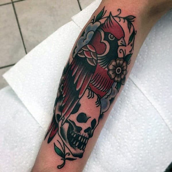 Retro Old School Guys Cardinal Bird Skull Tattoo On Arm