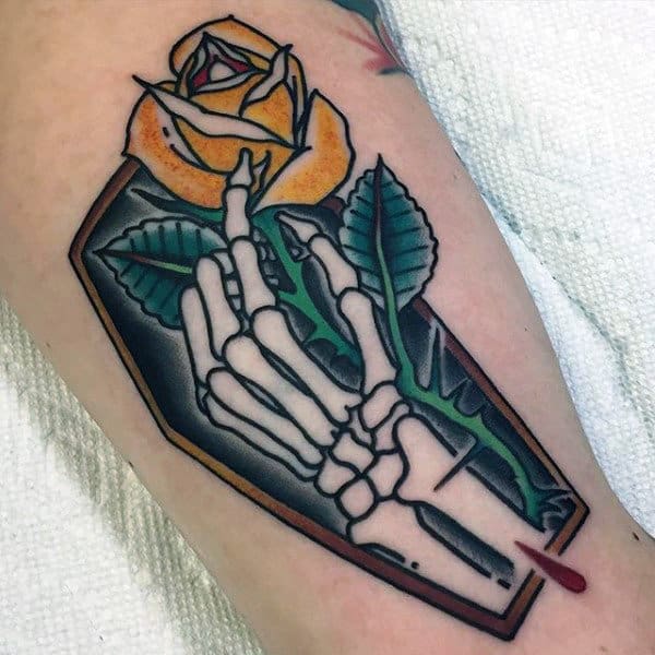 Retro Old School Guys Skeleton Hand Coffin With Yellow Rose Flower Arm Tattoo